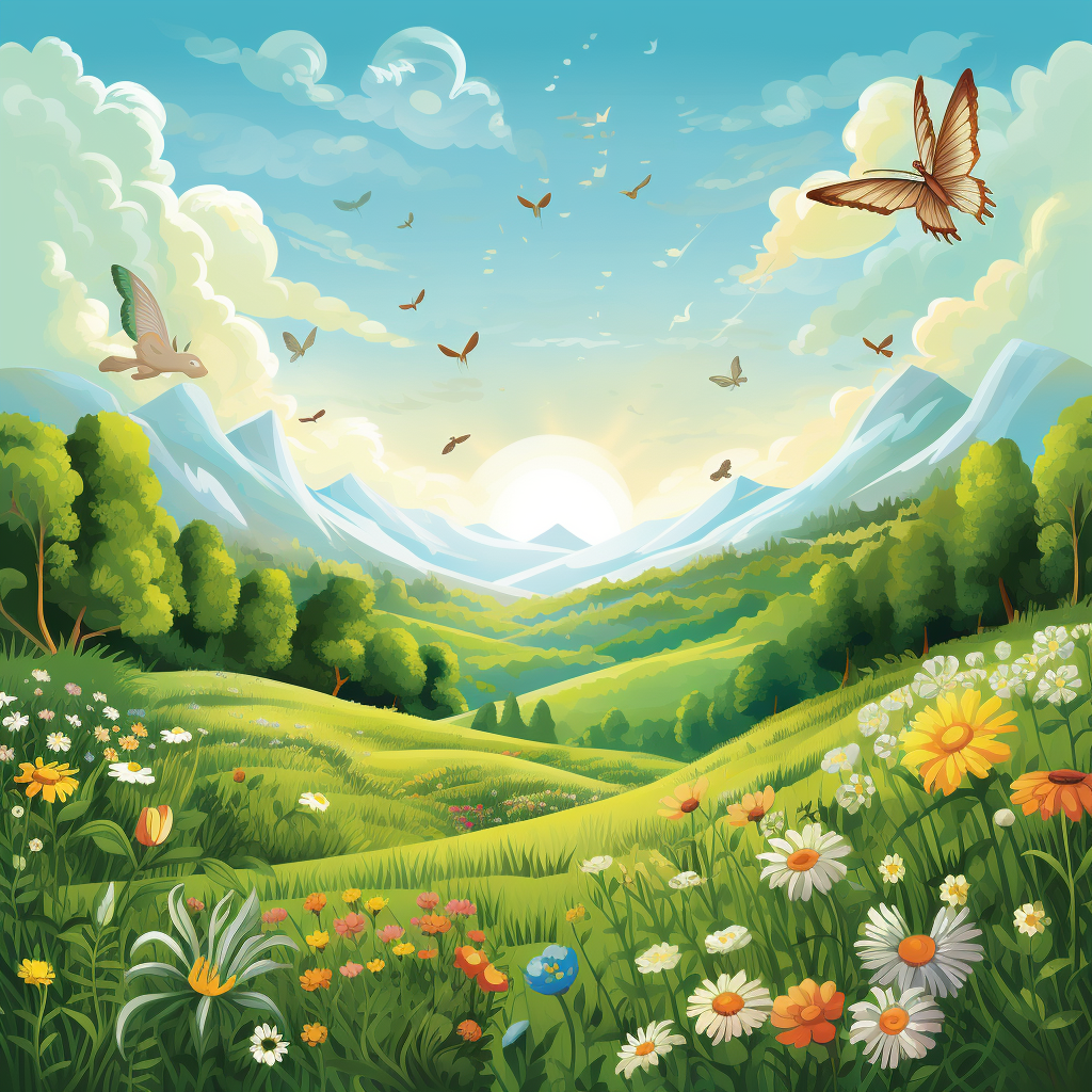 Cartoon Enchanted Scene with Sun, Hill, and Wildlife