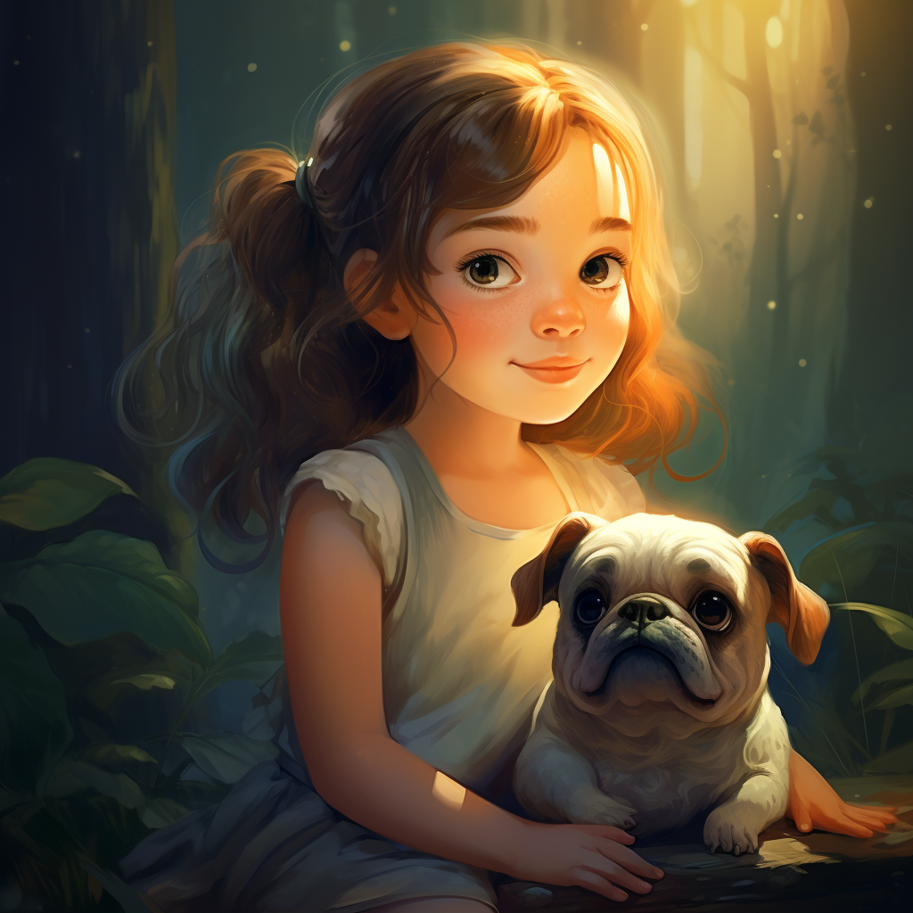 Little girl and French Bulldog in enchanted forest