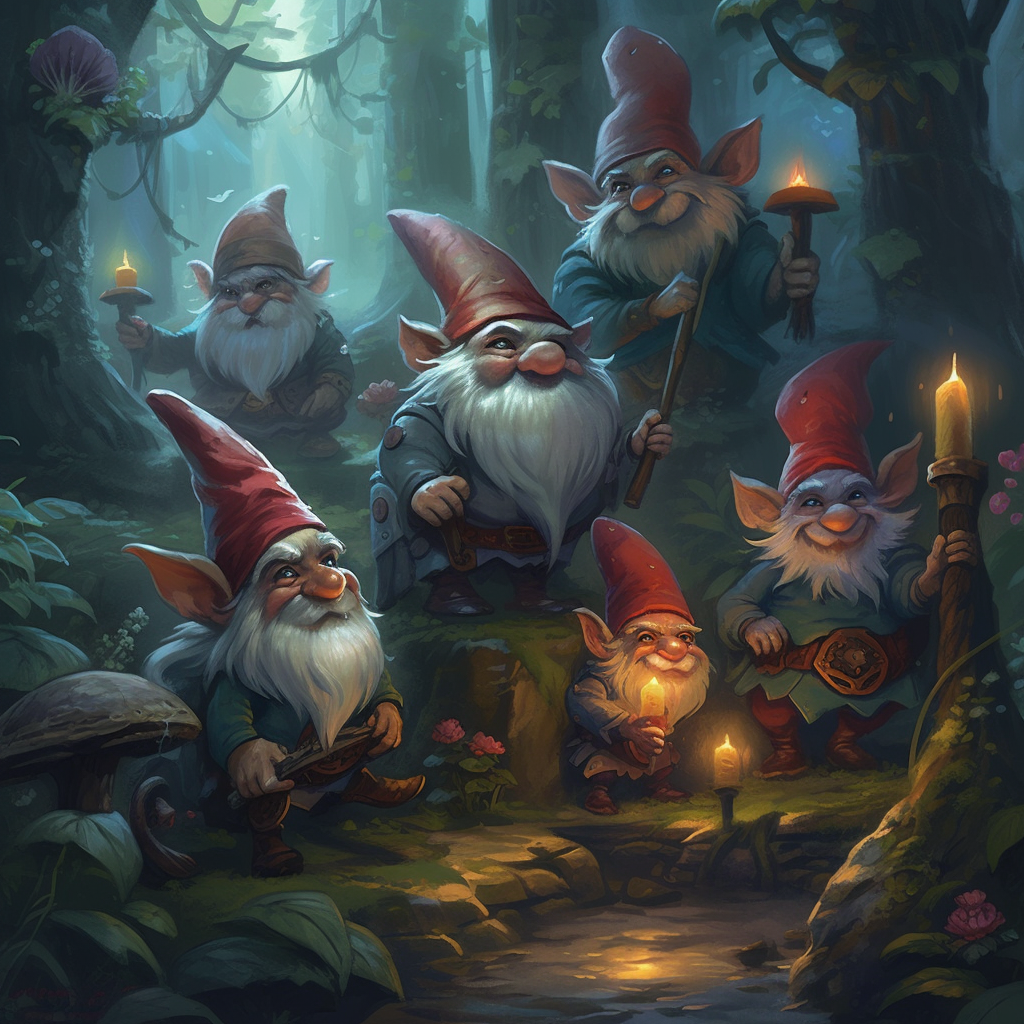 Gnomes facing magical forest challenges