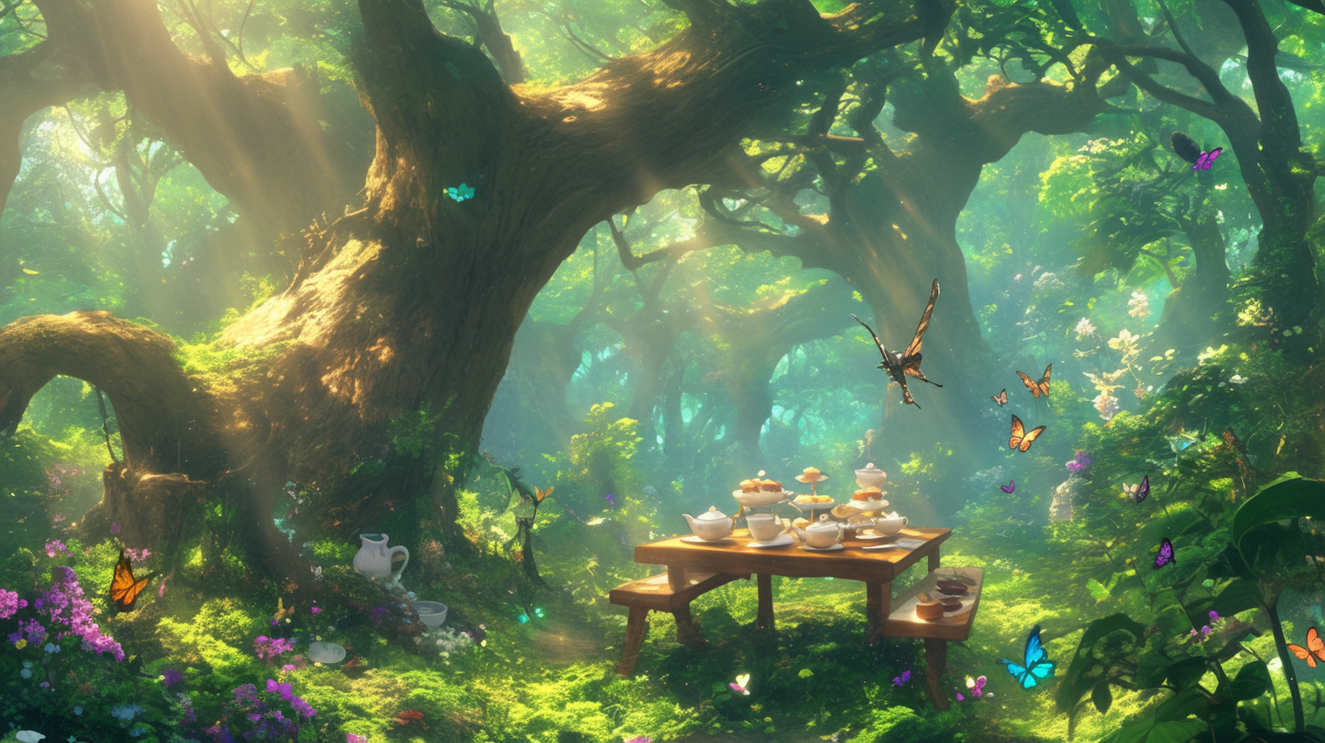 Whimsical tea party in forest