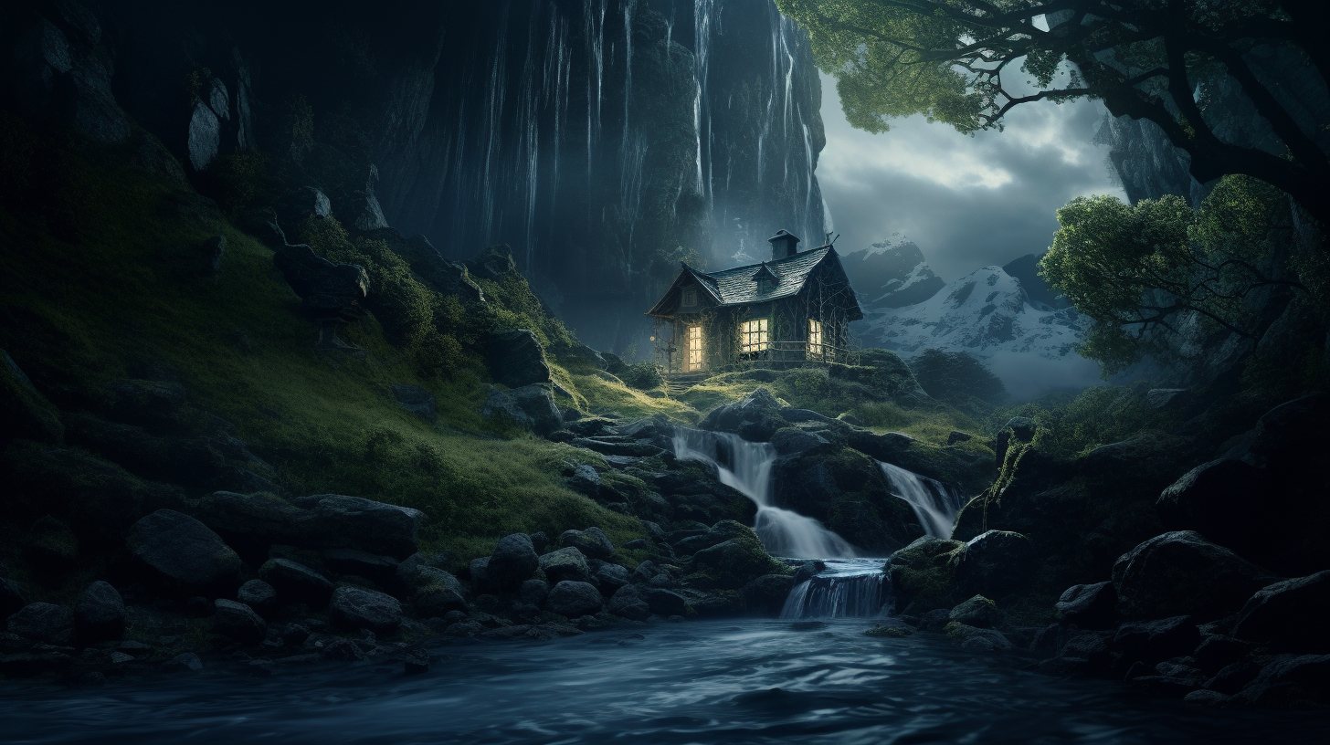 Picture of enchanted forest waterfall house