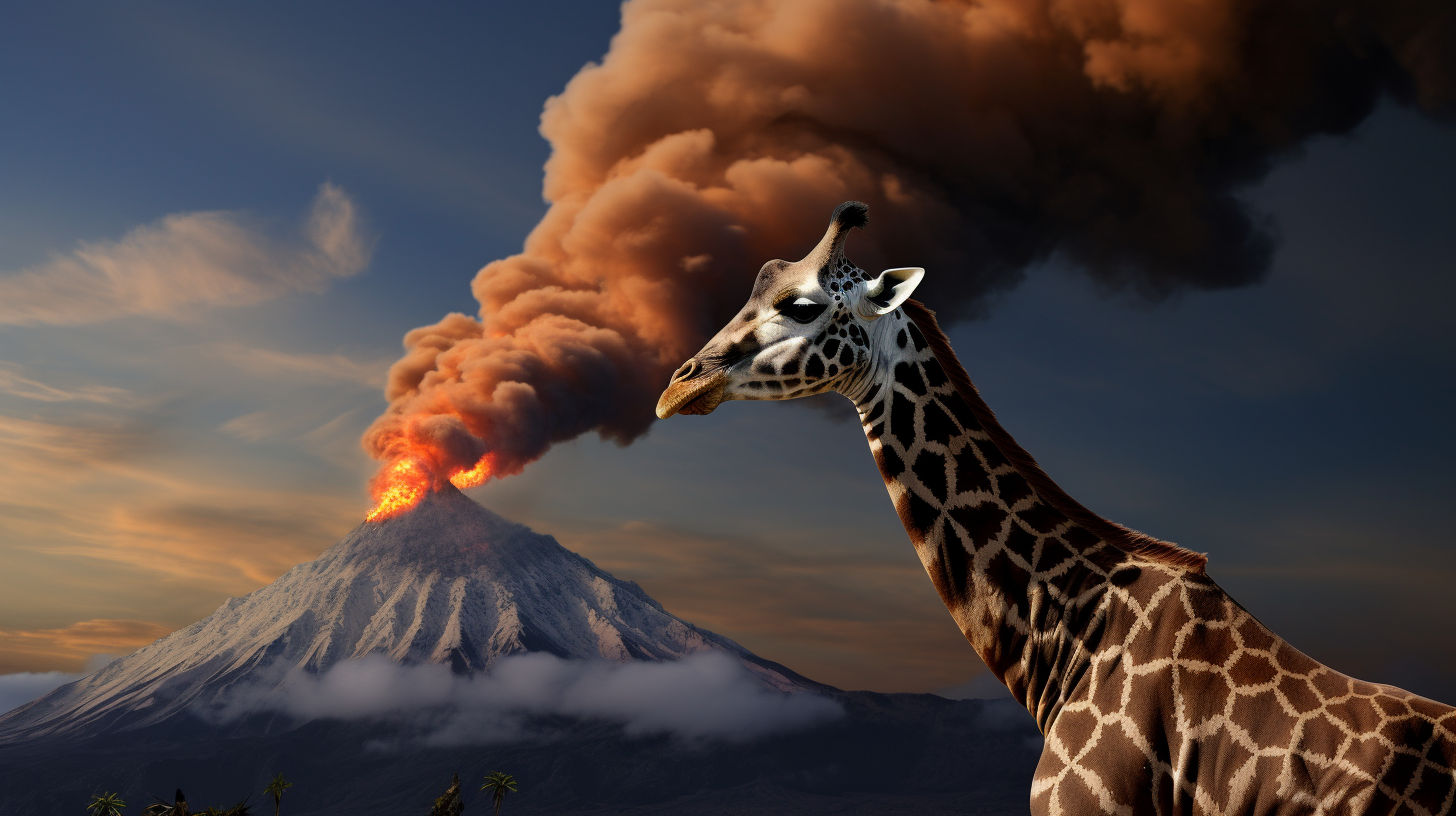 Enchanted giraffe with cellphone antennas and volcano