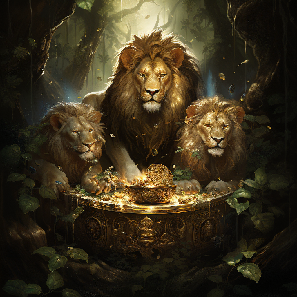 Three majestic lions surrounded by gold coins