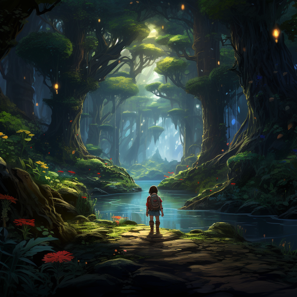 Brave protagonist navigating through enchanting landscapes