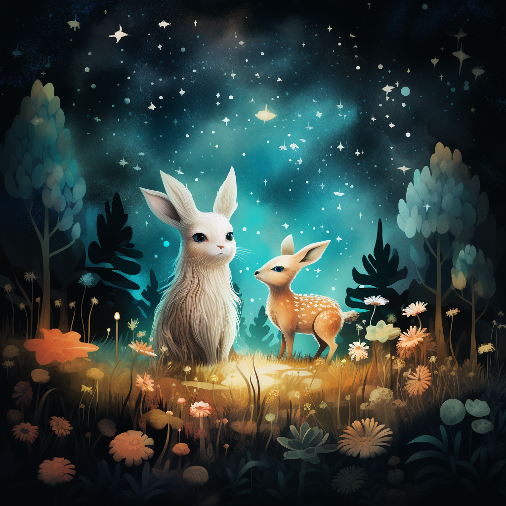 Animals in Enchanting Night Forest