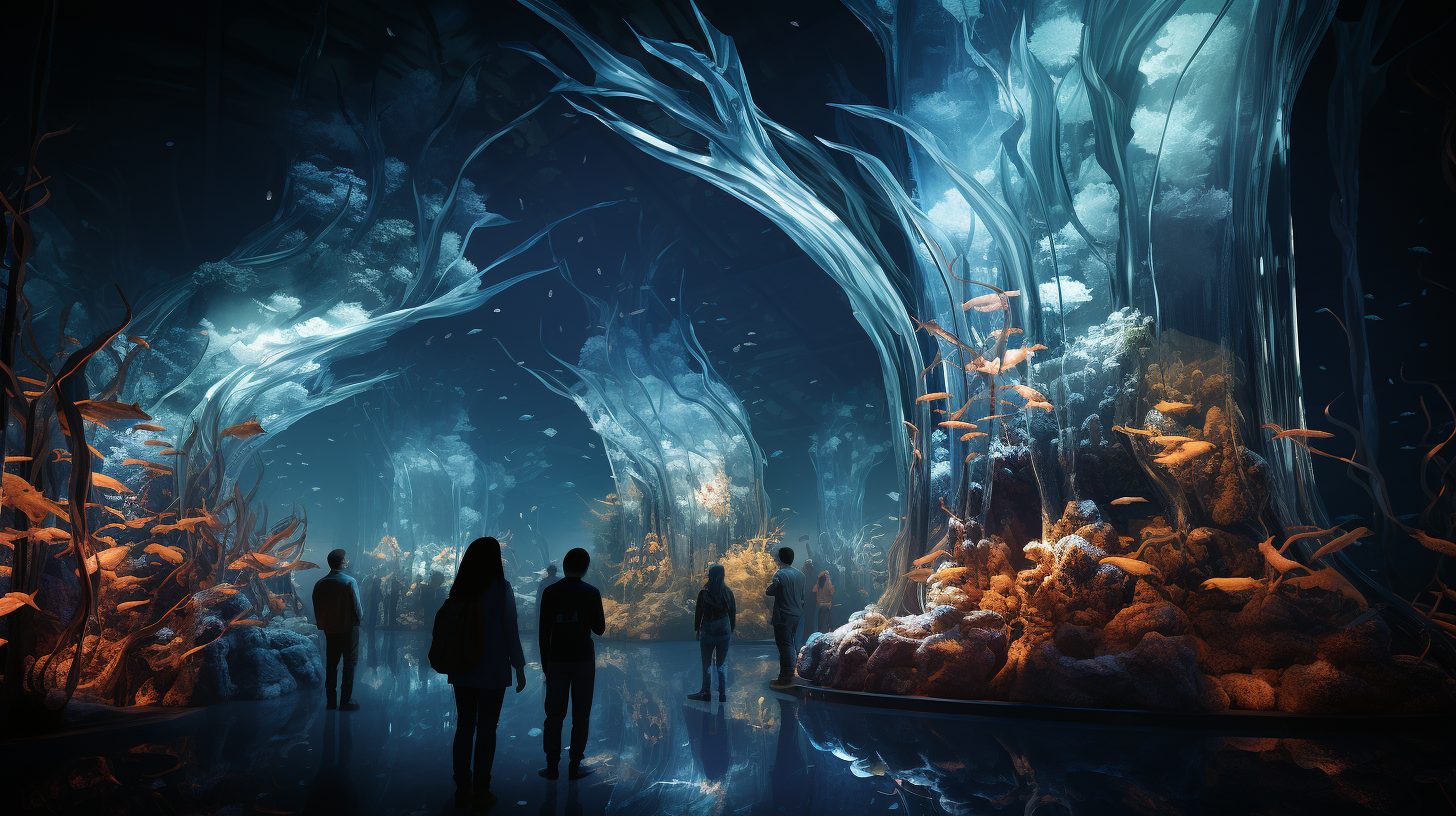 Serene underwater city with bioluminescent creatures