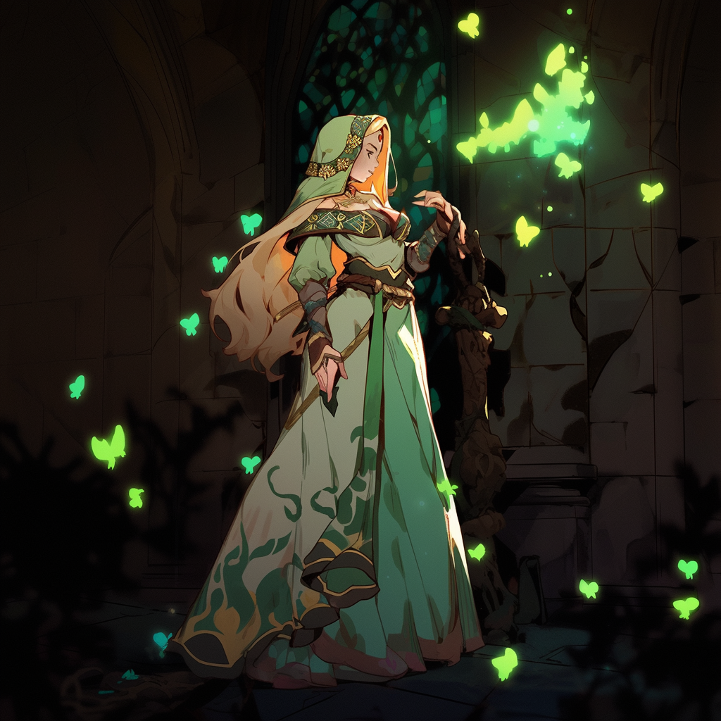 Enchantress in medieval attire casting a spell