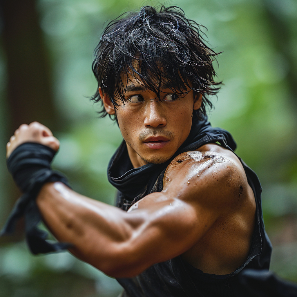 Fit Japanese actor in natural outdoor setting