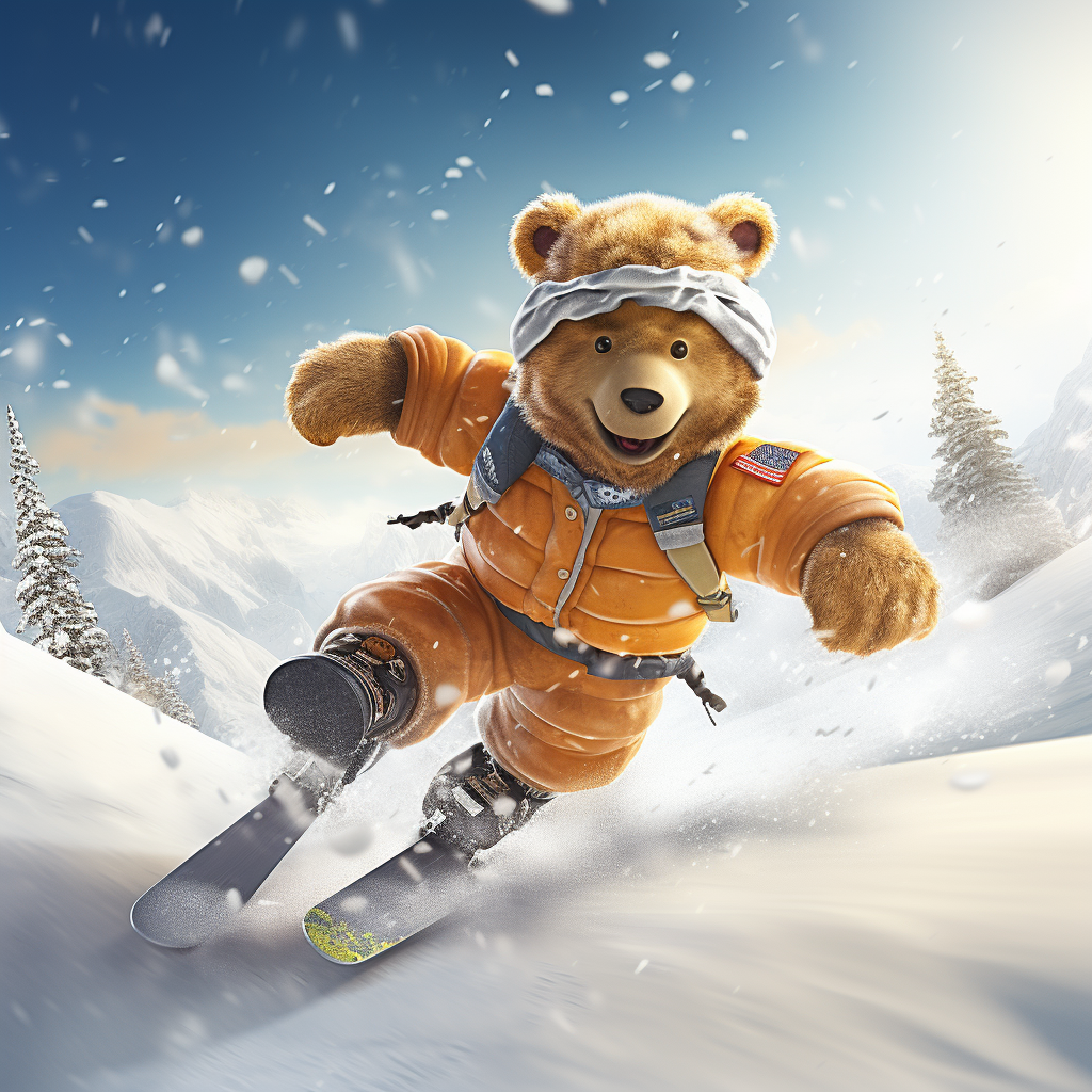 Teddy bear skiing with excitement