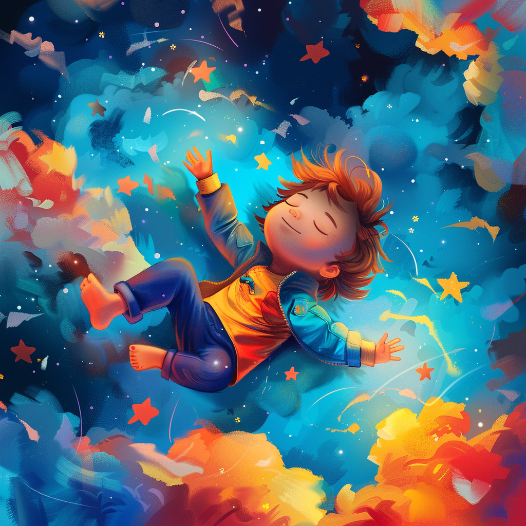 Cartoon toddler floating dreamlike scene