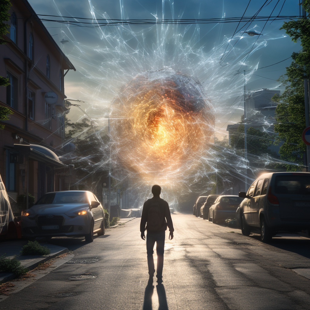 Man walking down the street with energy forcefield