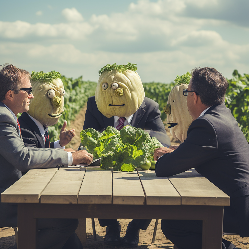 Energy managers discussing outside with vegetables