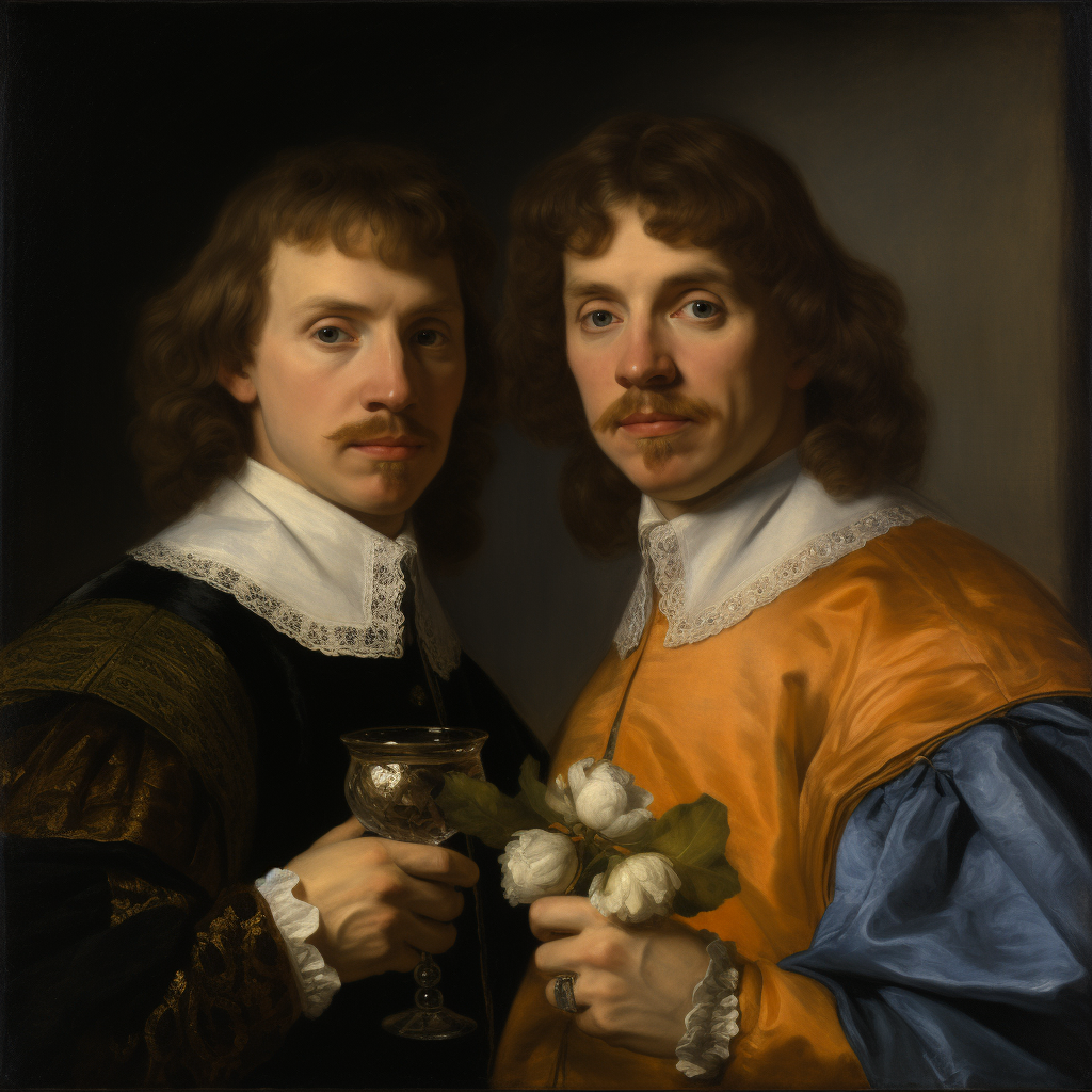 Portrait of two English gentlemen with curly brown hair holding a brown bottle