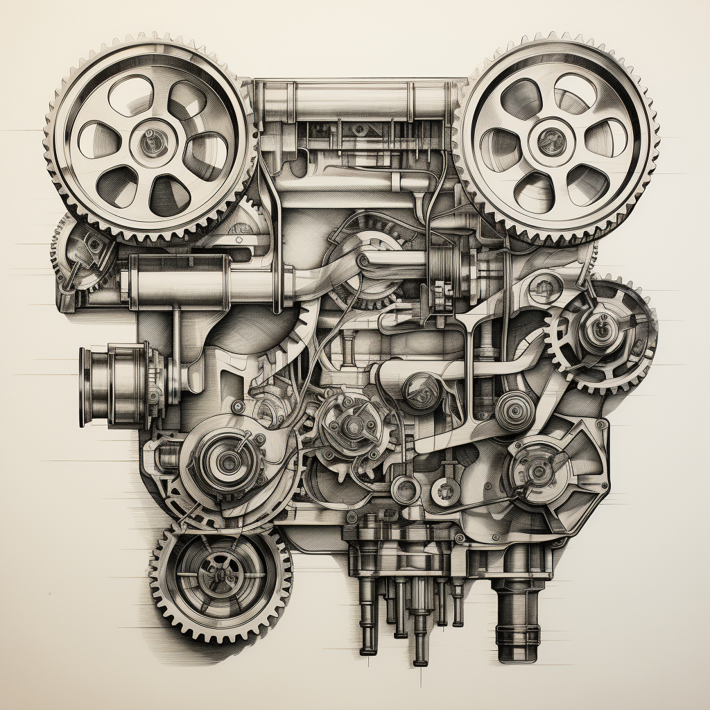 Black and white engine gears and piston drawing