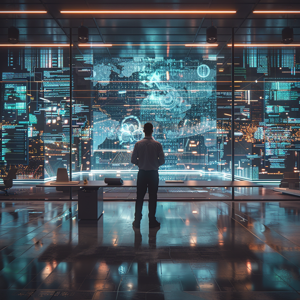 Engineer in holographic code-filled office