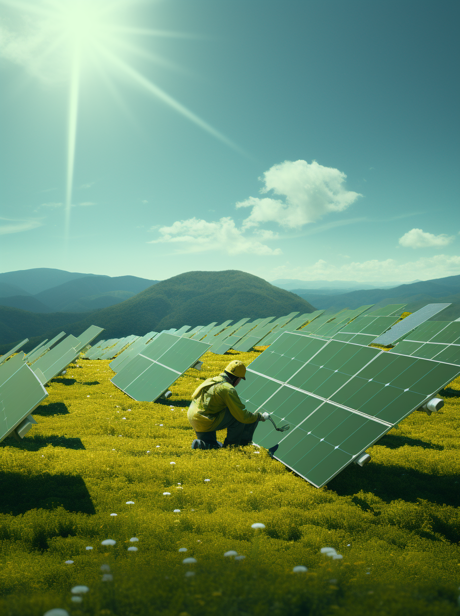 Engineer installing solar system on green field