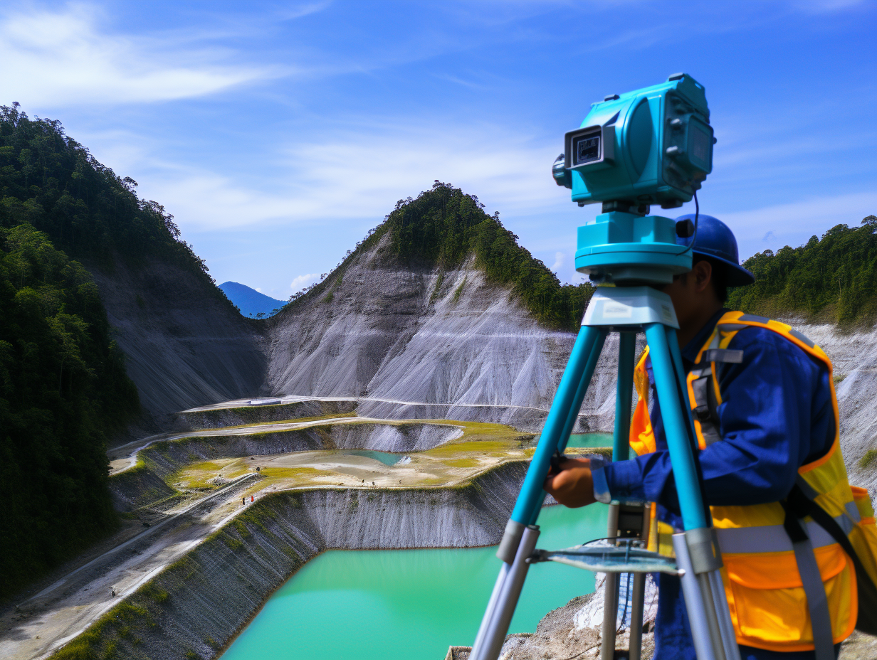 Engineer conducting geological survey in Asia with blue top