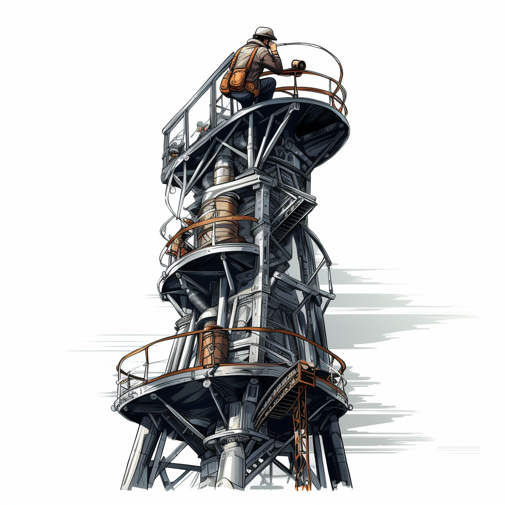 Engineer on Steel Tower Using Binoculars