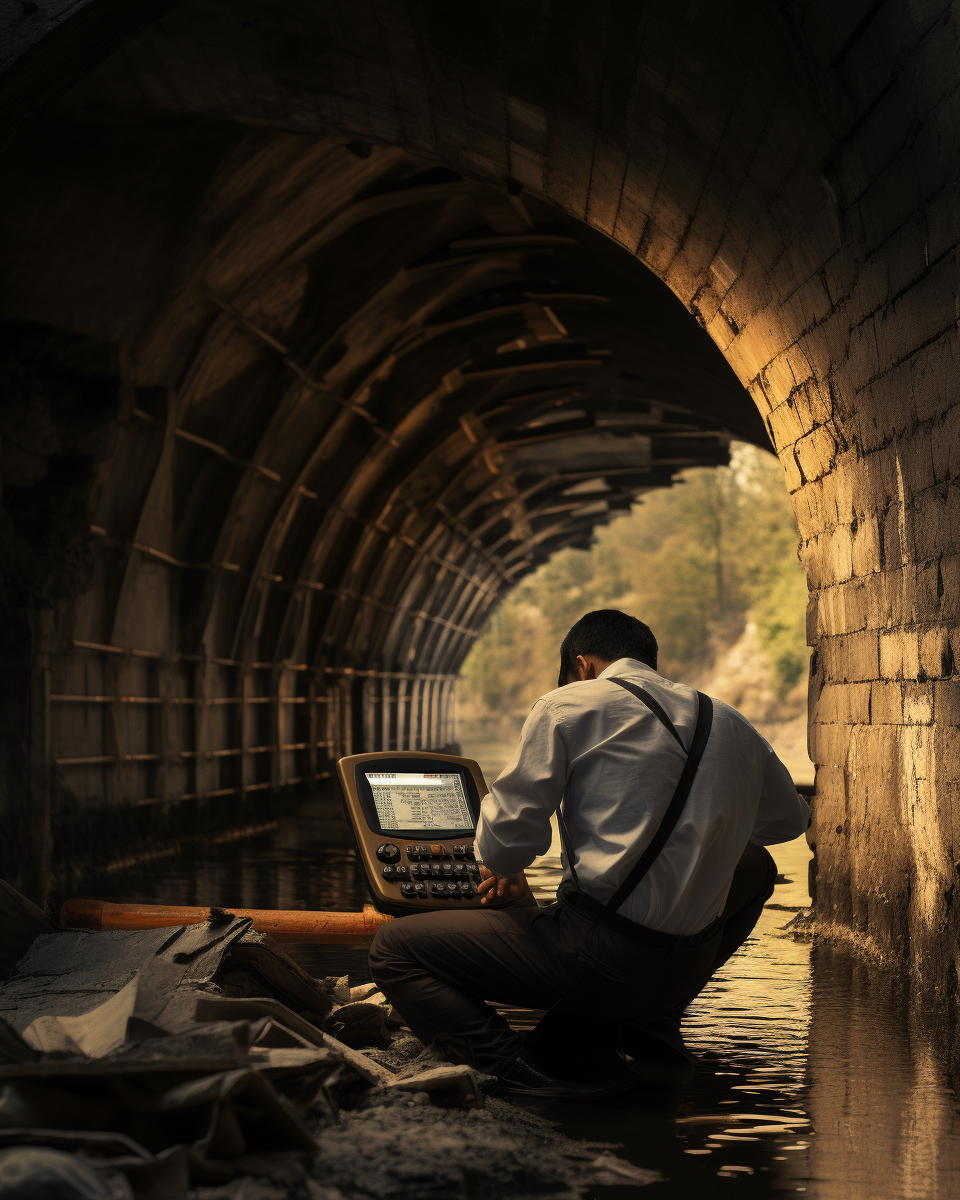 Engineer calculating under a bridge