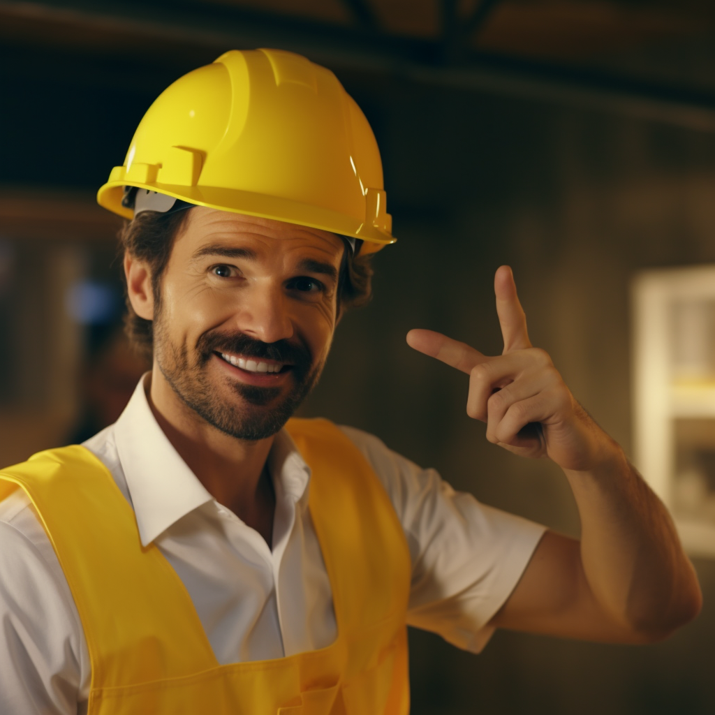 Smiling engineer in yellow helmet with white shirt