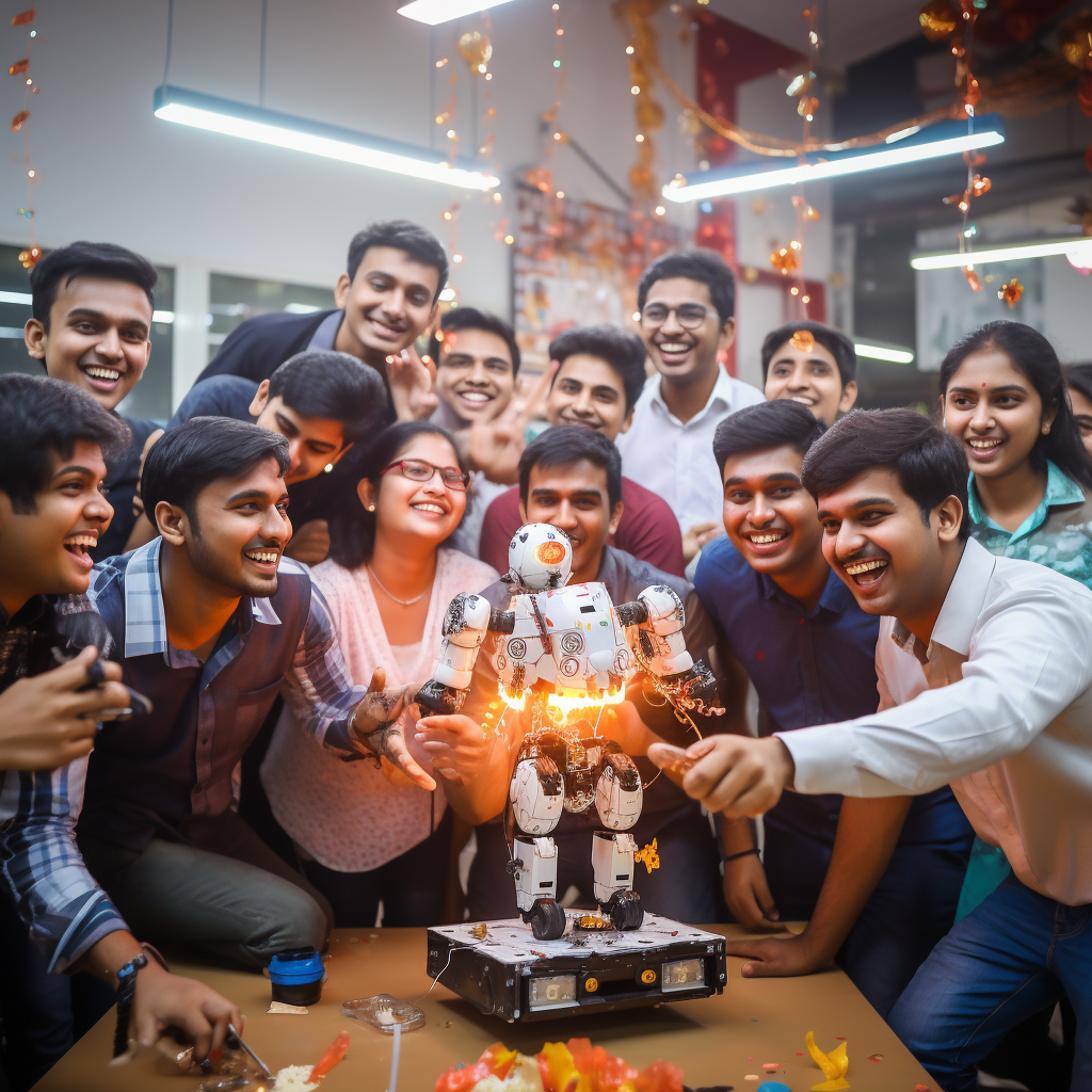 Students celebrating Diwali with robots' assistance