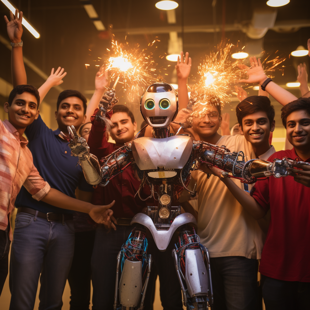 Engineering Students Celebrating Diwali with Tesla Robots