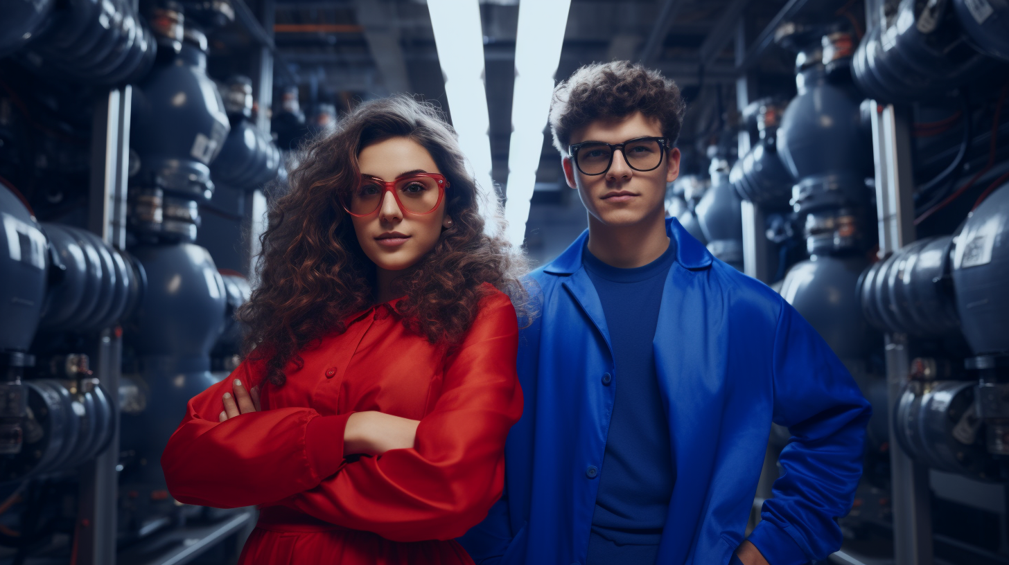 Stylish gen-z engineering students posing in computing laboratory