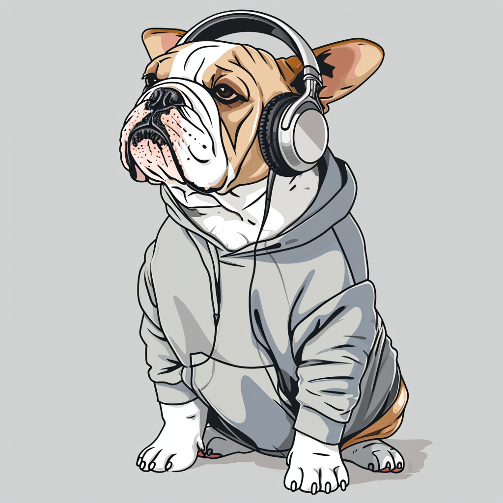 English Bulldog Wearing Sweatshirt and Headphones