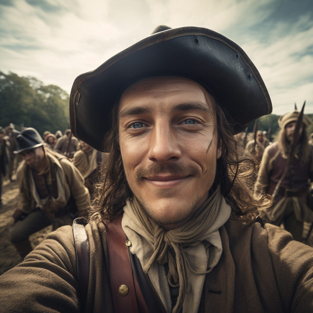 Soldier from the English Civil War posing for a selfie