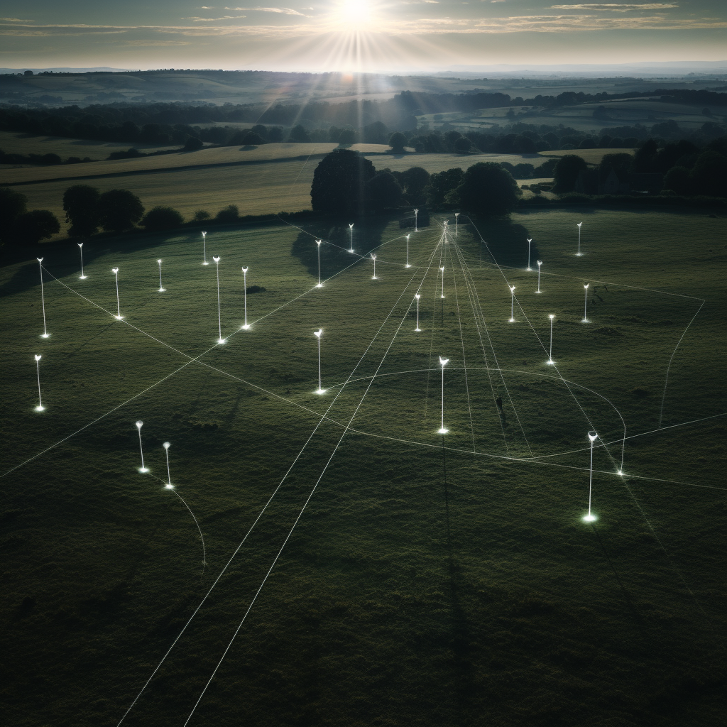 Aerial view of light network in English countryside