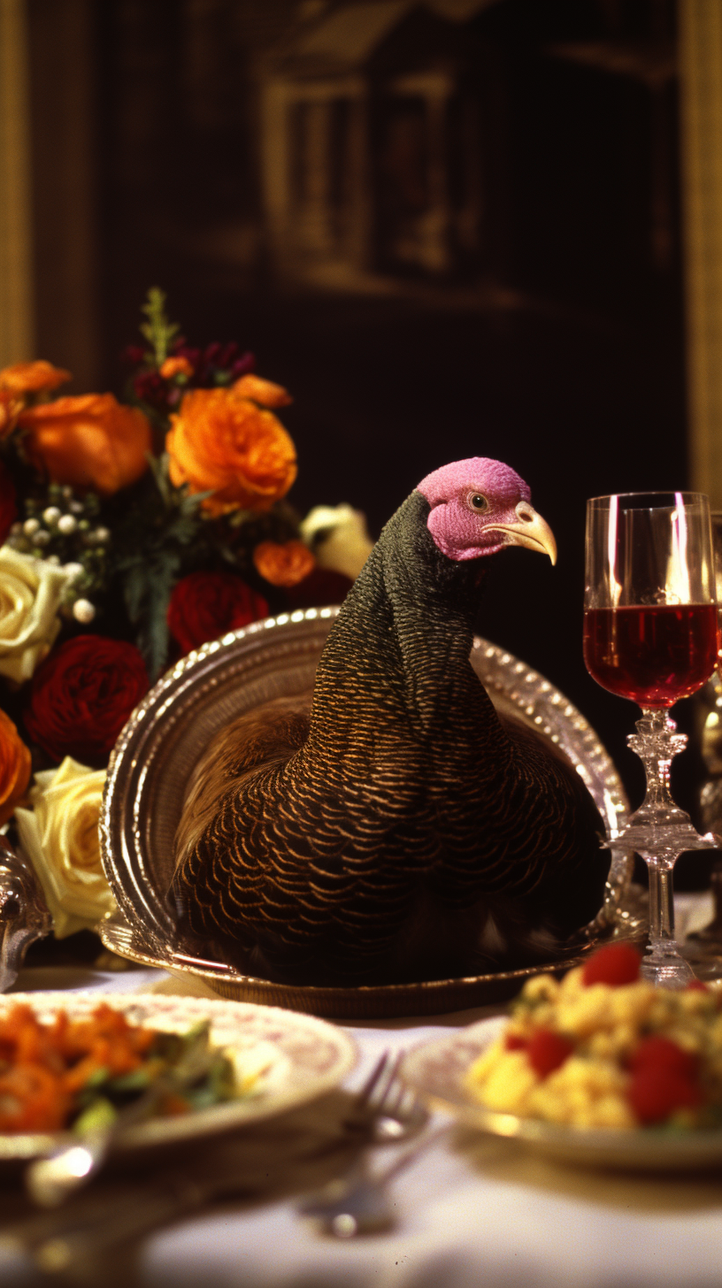 Turkey and Flowers on English Gentry Dinner Table