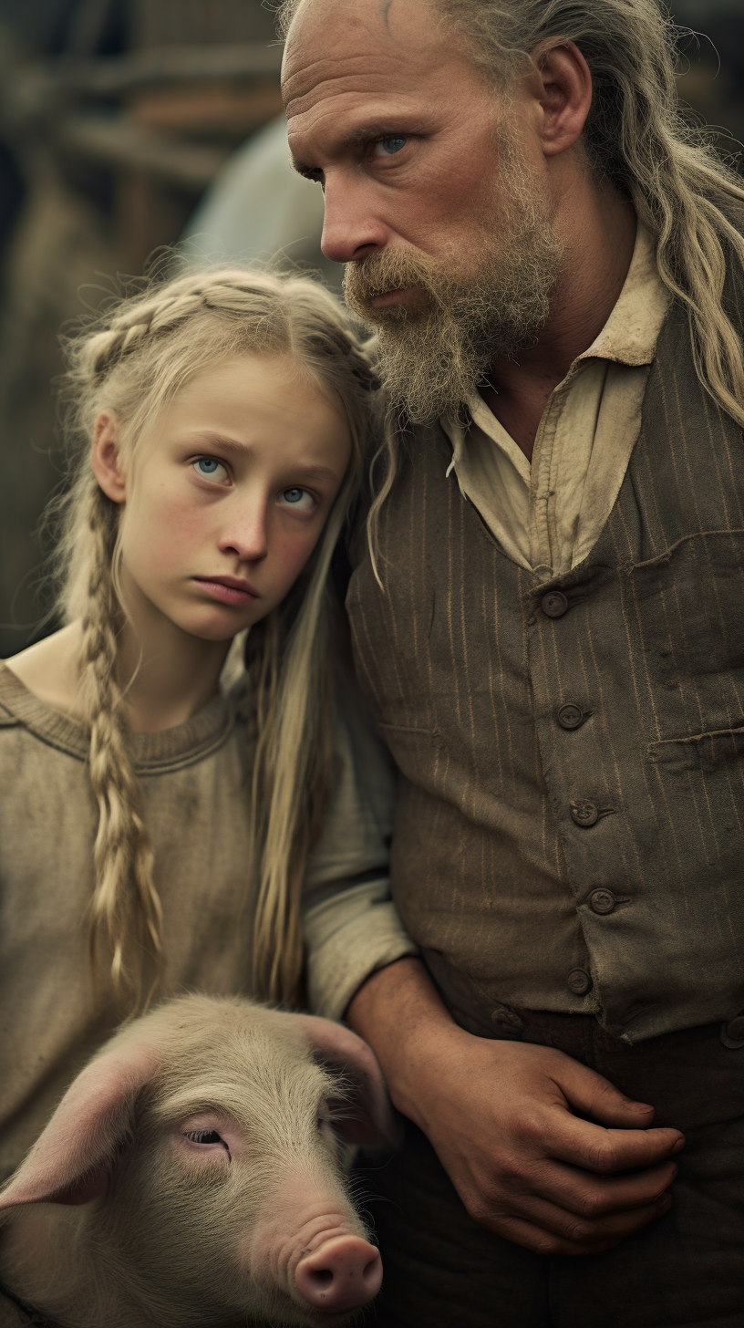 10-year-old English girl with green eyes at a pig farm