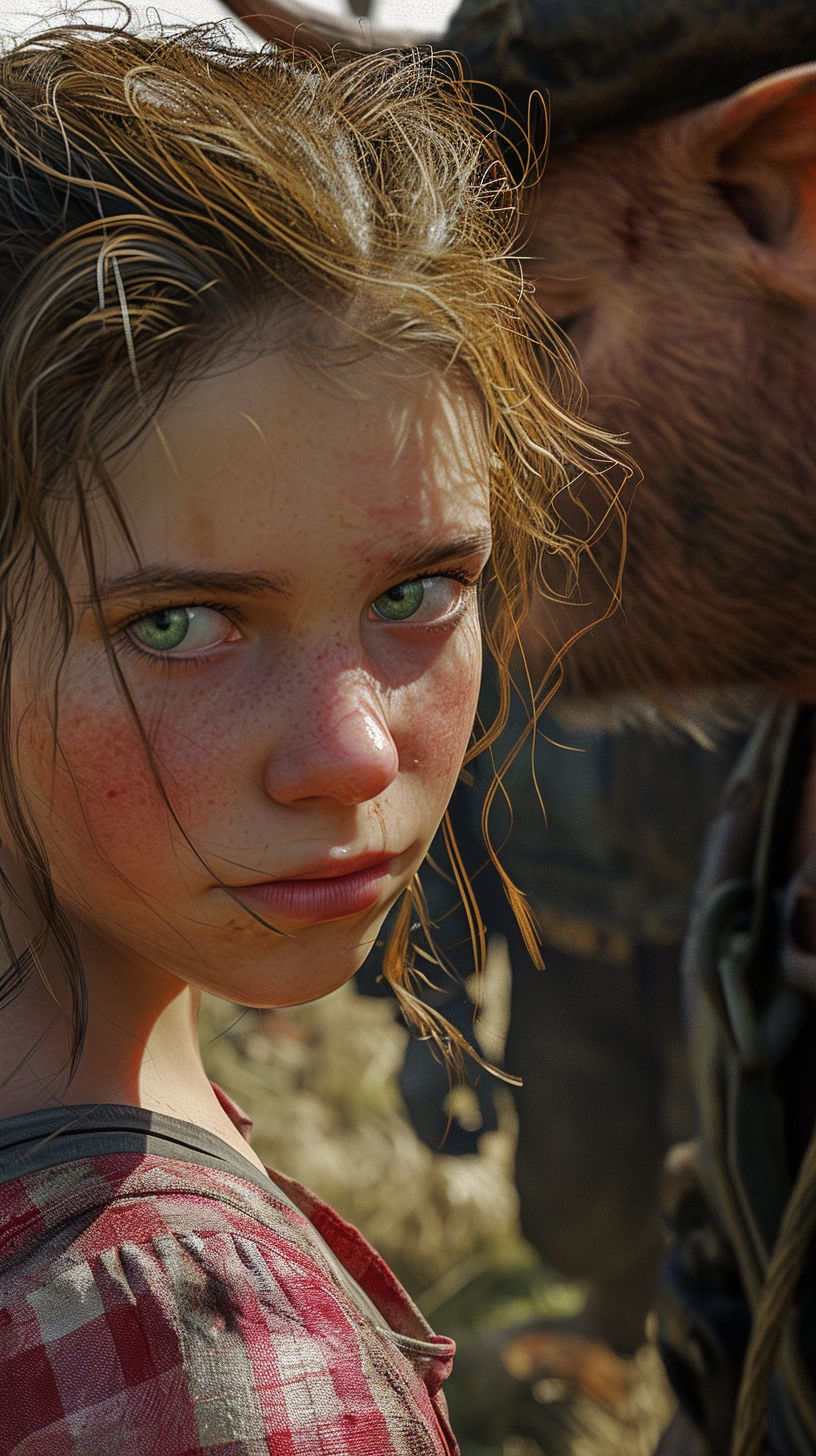 English girl with green eyes being scolded on pig farm