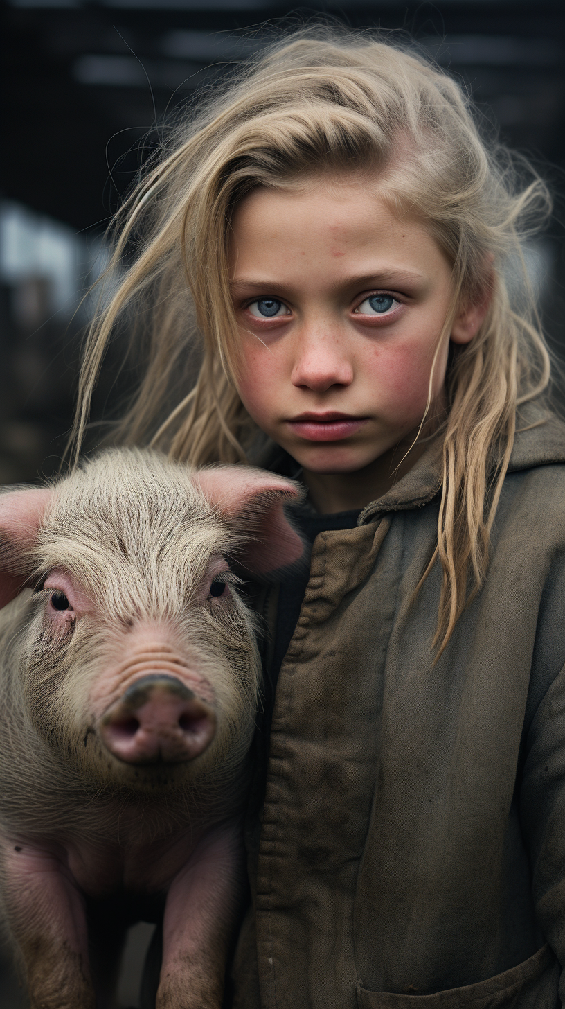 Green-eyed English girl misbehaving on pig farm