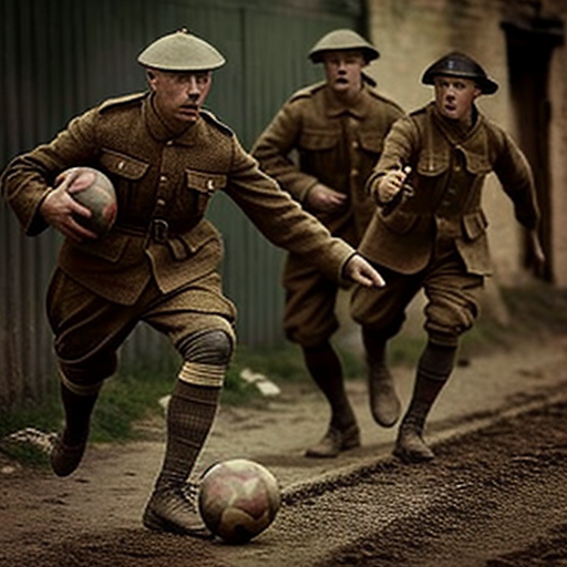 English soldiers playing soccer during World War