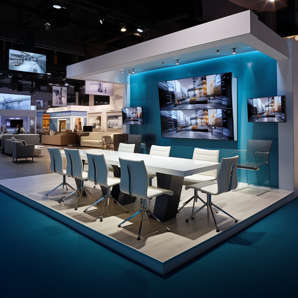 Detailed tradeshow booth with TV screens and tables