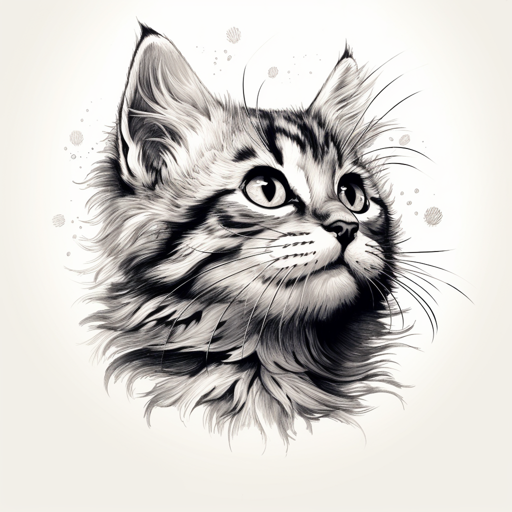 Engraving of Cute Cat on White Background