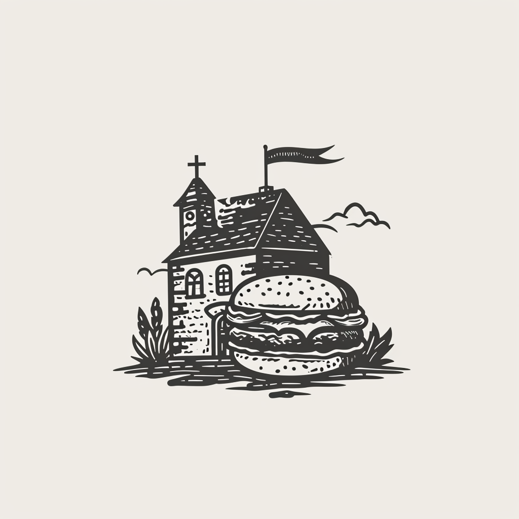 Engraving-style black and white logo with stone building and sandwich