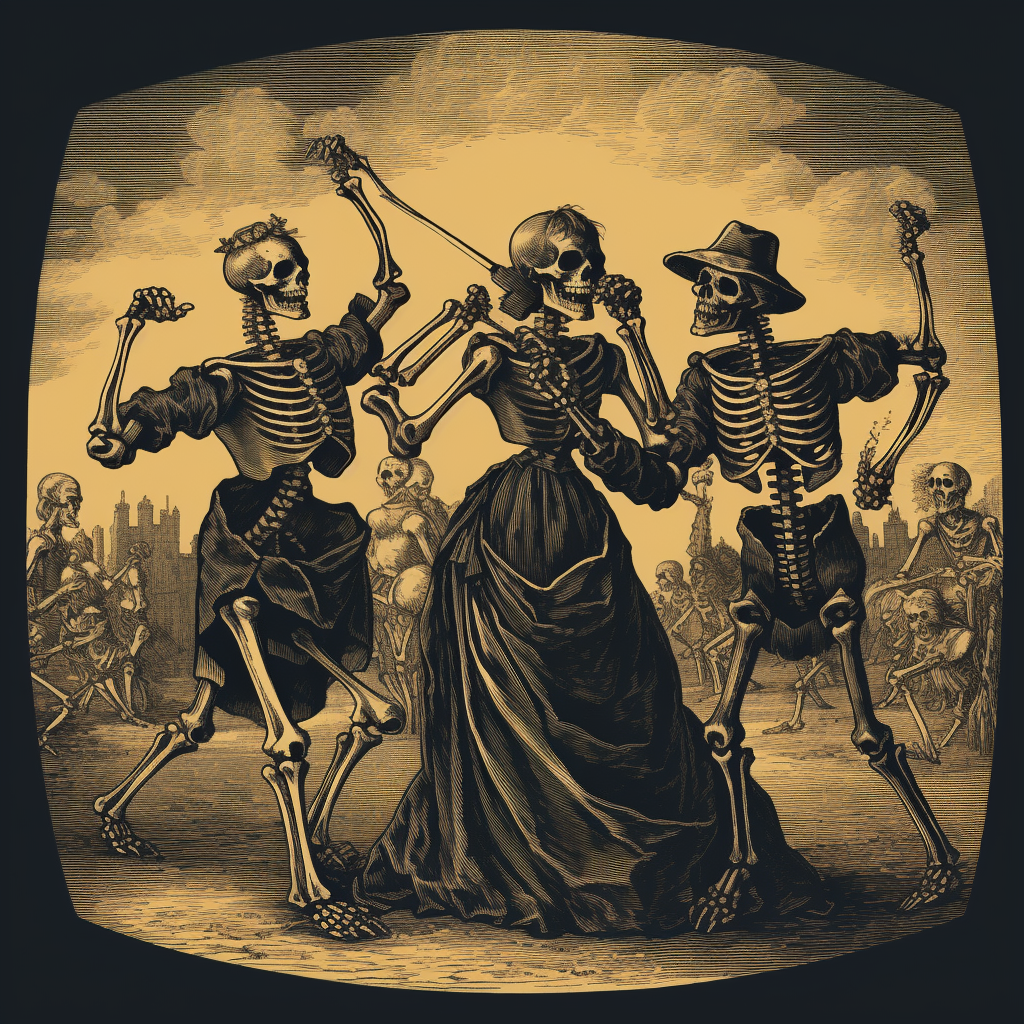 Engraving style witches dancing with skeletons