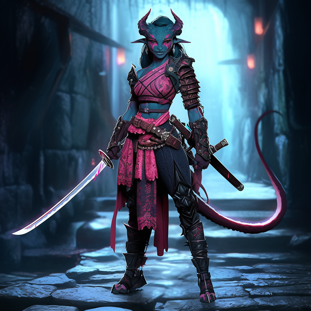 Enhanced Tiefling Rogue Champion with Magic Dagger