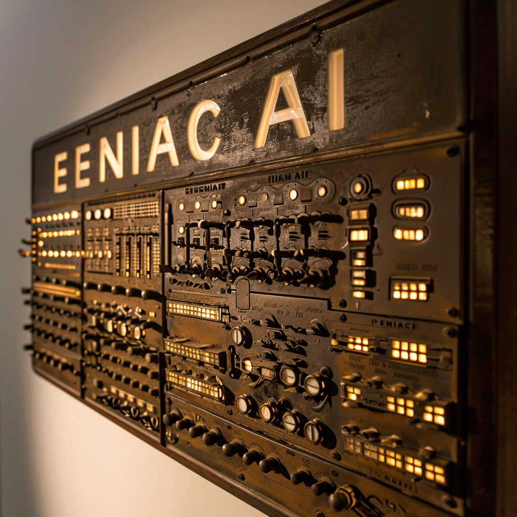 ENIAC AI  engraved and lighted up on white background