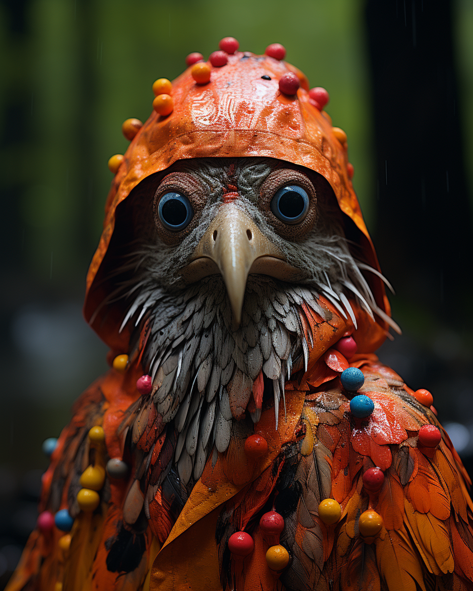 Psychedelic bird creature wearing hoodie in forest clearing