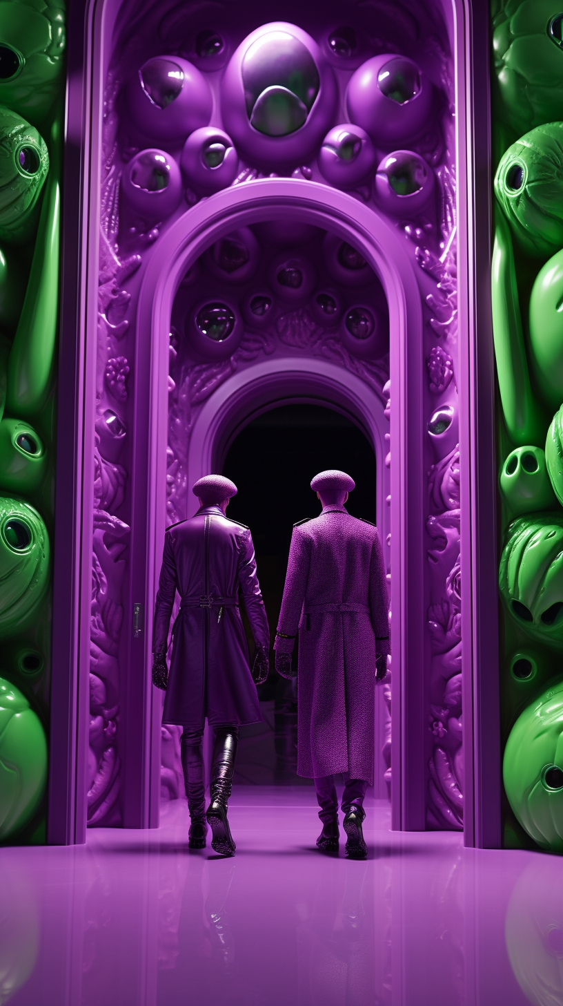 Two mysterious purple aliens against vibrant green backdrop