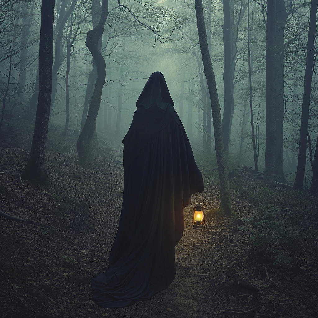 Enigmatic woman in black cloak with lantern glow