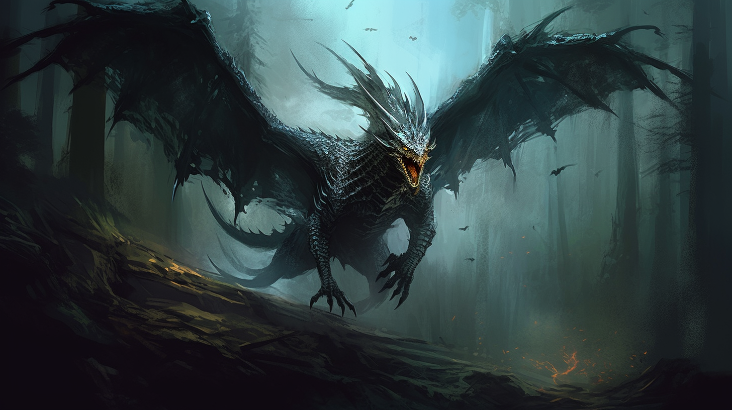 Enigmatic wyvern in dark forest