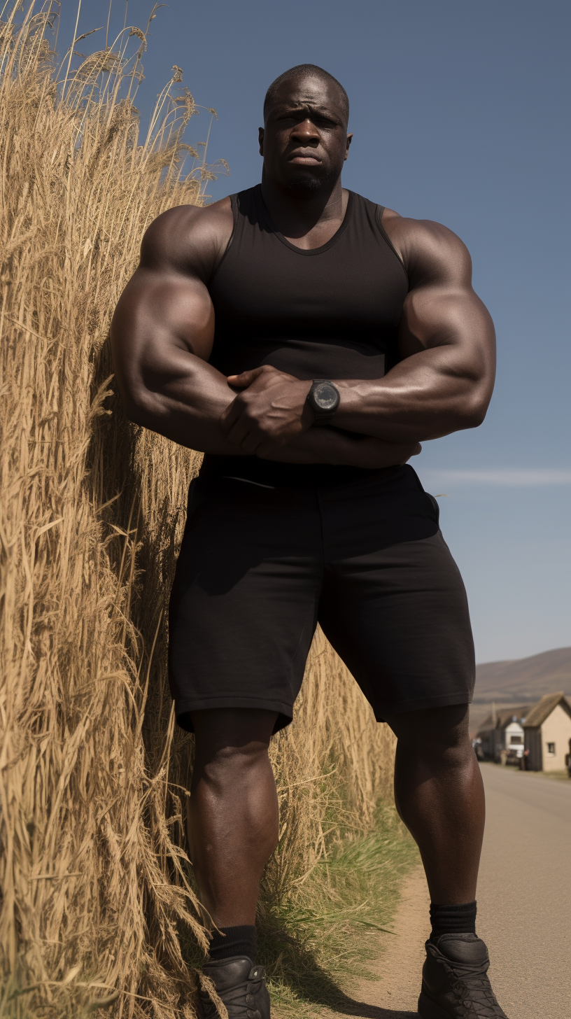 Enormous black African giant bodybuilder working in wheat farm