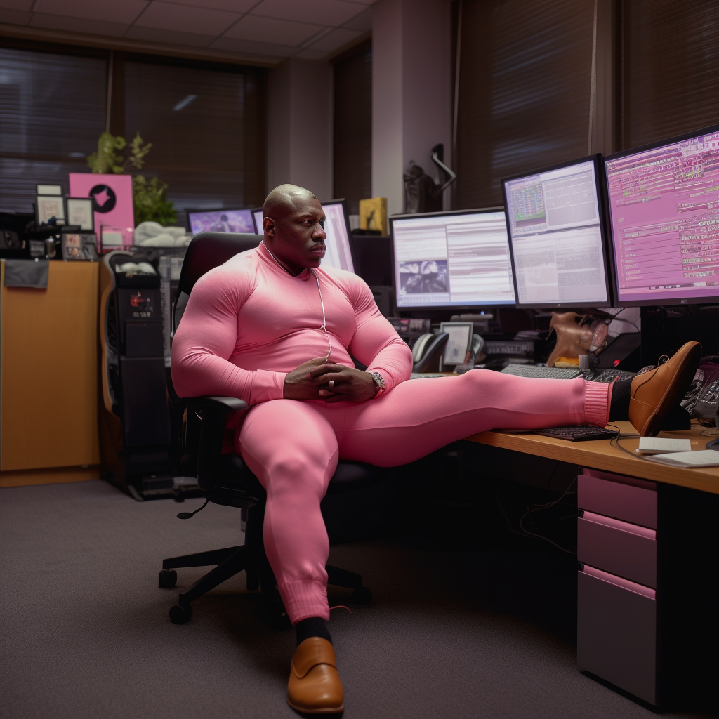 Enormous Black American Giant in Financial Market Office