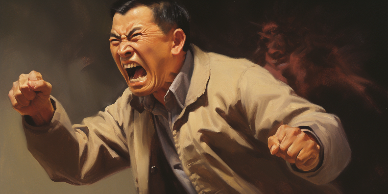 Enraged Chinese man yelling and shouting