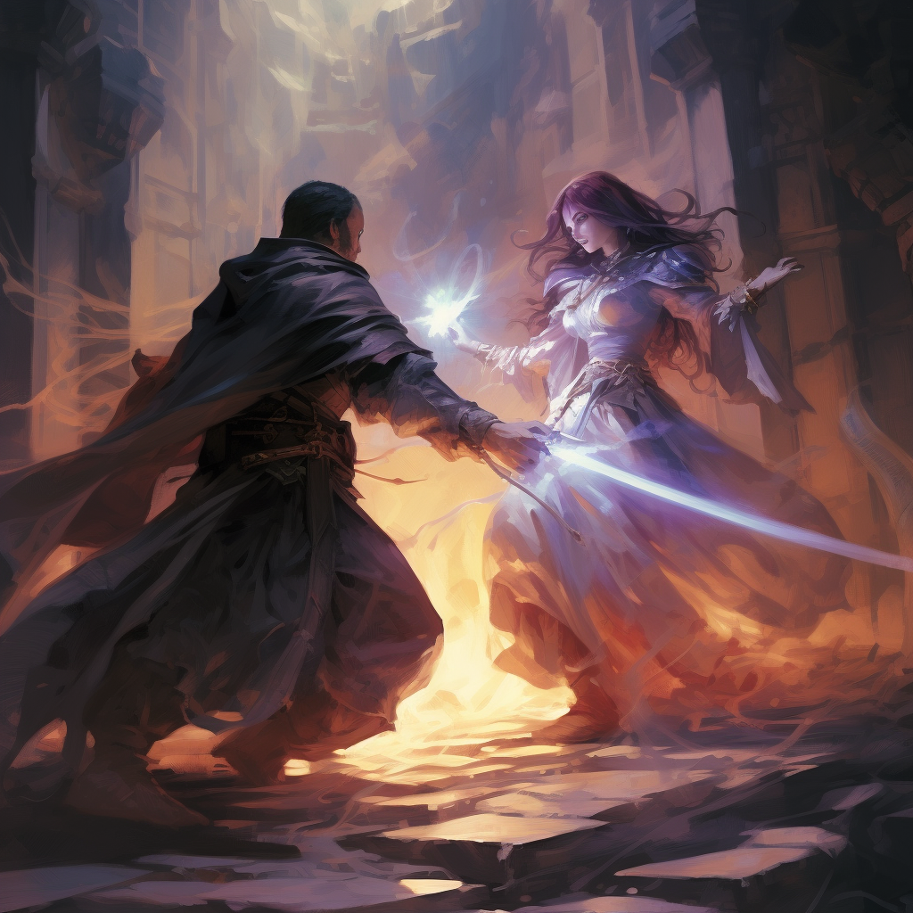 Enraged warrior attacking sorcerer in dungeon artwork