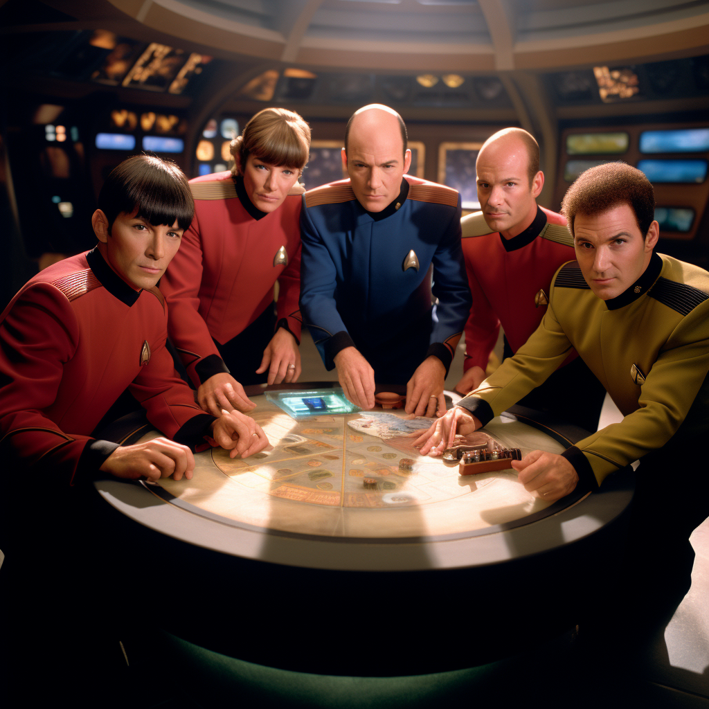 Enterprise D crew with Captain Picard in uniform